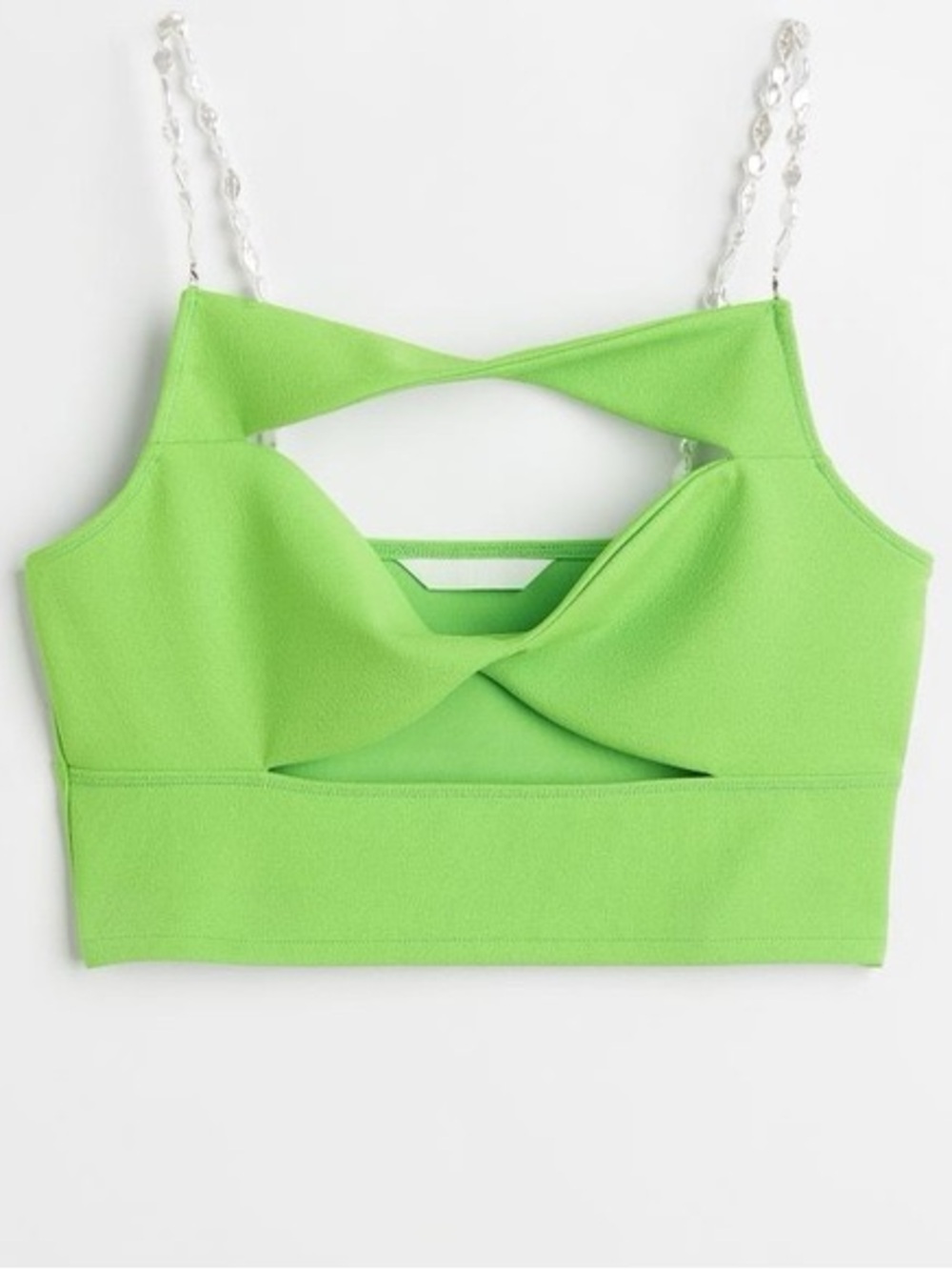 H&M Green Twist Front Cut Out Crop Top with Pearl Beaded Straps Small